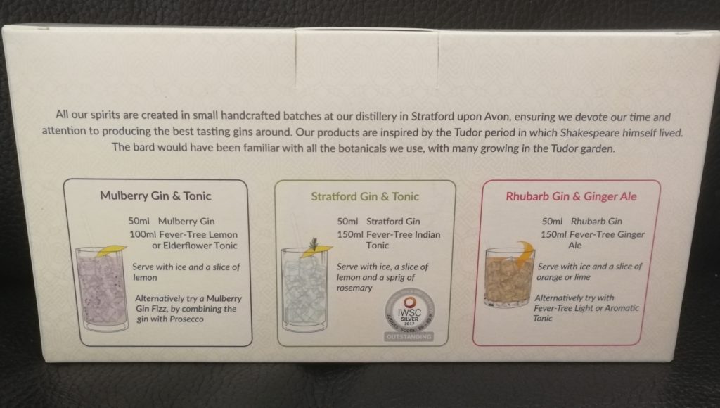 Back packaging of Shakespeare Distillery gift set
